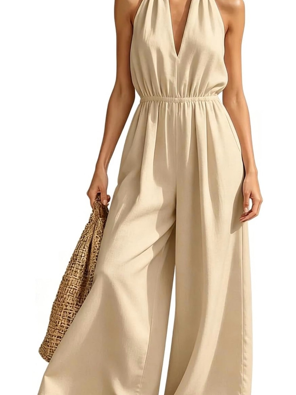 Sleeveless Halter Wide-Leg Jumpsuit in Cream